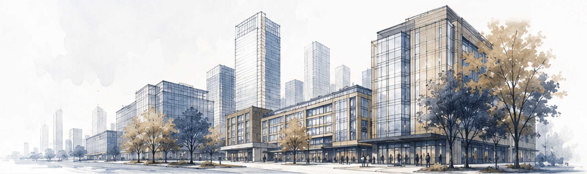 Watercolour-style architectural illustration of a mixed-use urban district